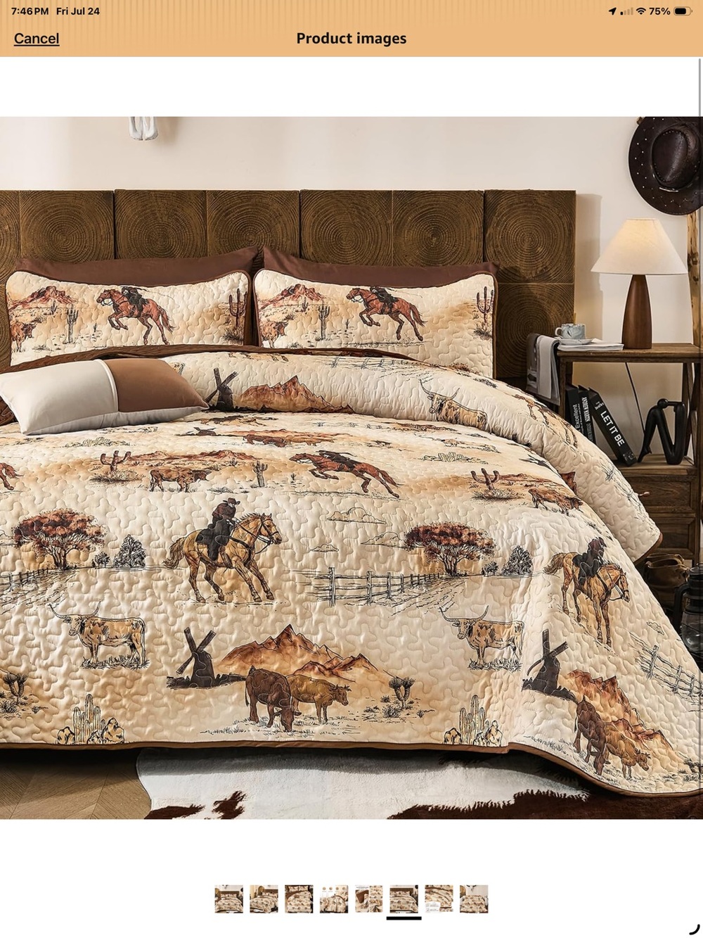 Western Cowboy Bronco Horse Ranch Print Quilt Set Beige & Brown Queen - Picture 5 of 7
